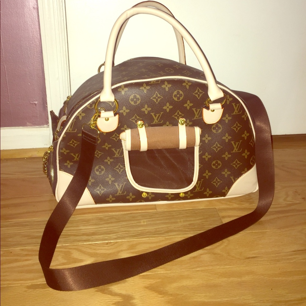 Designer-Inspired Brown Monogram Travel Satchel with Cream Trim